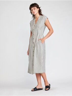 Linen Black & Cream Vertical-Stripe Midi Dress